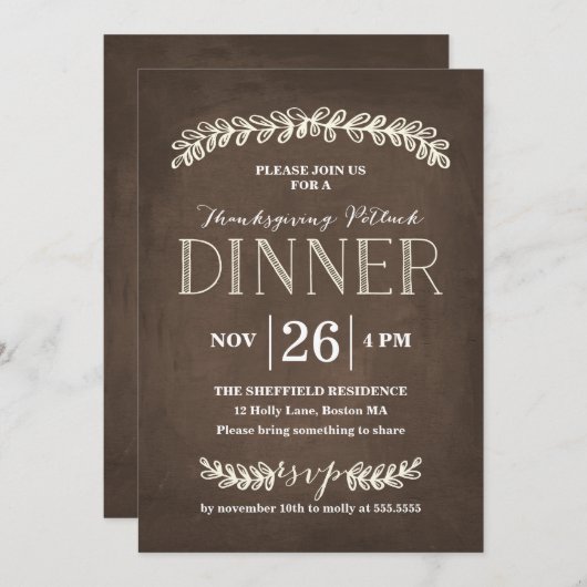 Laurel Potluck Dinner Chalkboard | Erntedank Einladung (Vorne/Hinten)