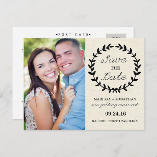 Laurel Save the Date Foto Postcard / Creme Ankündigungspostkarte (Vorne/Hinten)