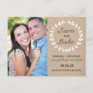 Laurel Save-the-Date-Foto-Postkarte / Jute Ankündigungspostkarte