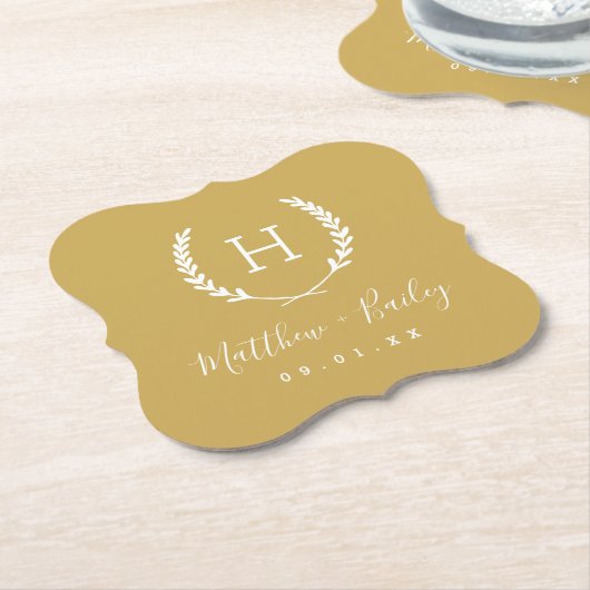 Laurel Wappen Wedding Monogram | Senf Yellow Untersetzer (angewinkelt)