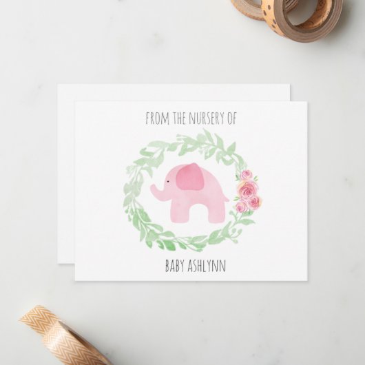 Laurel Wasserfarbe rosa Elefant aus dem Kinderzimm Mitteilungskarte (Vorderseite/Rückseite Beispiel)