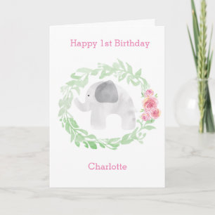 Laurel Watercolor Gray Elephant 1. Geburtstag Karte