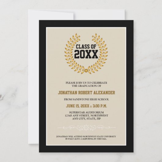 Laurel Wreath Abschluss Announcement (schwarz) Einladung (Vorderseite)