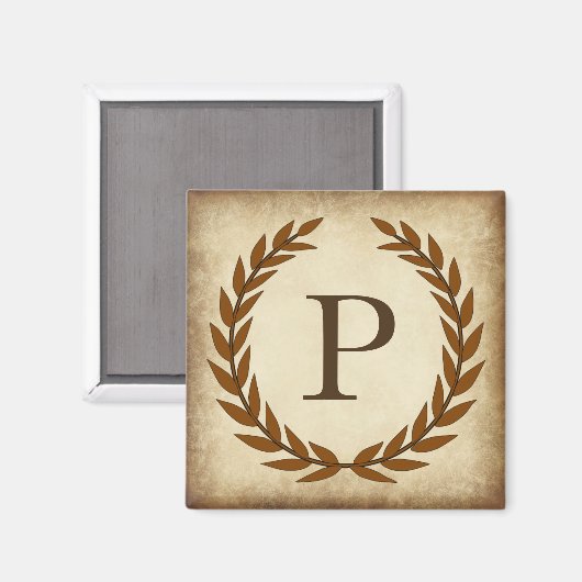 Laurel Wreath Aged Papyrus Monogram Initial P Magnet (Vorderseite/Rückseite)