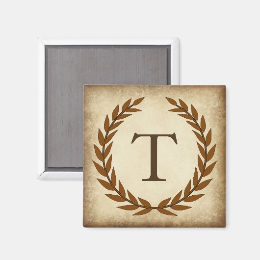 Laurel Wreath Aged Papyrus Monogram Initial T Magnet (Vorderseite/Rückseite)