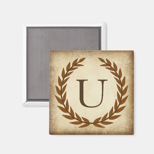 Laurel Wreath Aged Papyrus Monogram Initial U Magnet (Vorderseite/Rückseite)