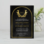 Laurel Wreath Blätter Charcoal Gray Wedding Gold Folieneinladung (Stehend vorne)
