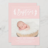 Laurel Wreath Blush Pink Foto Taufe Einladung (Vorne/Hinten)
