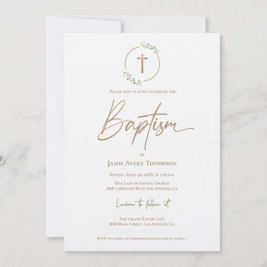 Laurel Wreath Green Gilded Gold Cross Taufe Einladung (Vorderseite)