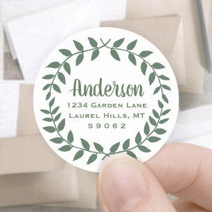 Laurel Wreath Green & White Rücksendeadressen-Aufk Runder Aufkleber