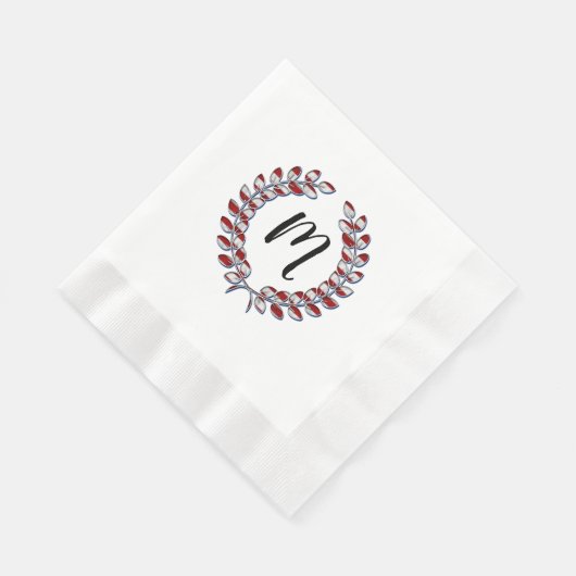 Laurel Wreath Mit Monogramm rotes Streifenmuster Serviette (Ecke)