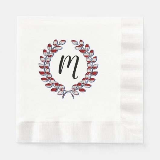 Laurel Wreath Mit Monogramm rotes Streifenmuster Serviette (Vorderseite)