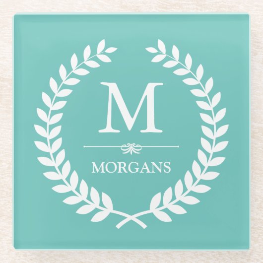Laurel Wreath Monogram Chic Aquamarin Blue Glasuntersetzer (Vorderseite)