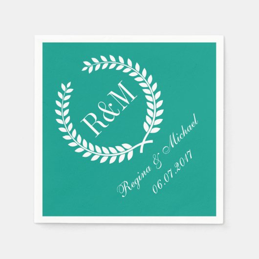 Laurel Wreath Monogram Wedding Napkin Aquamarin Bl Serviette (Vorderseite)