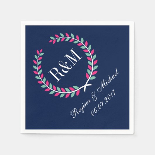 Laurel Wreath Monogram Wedding Napkin Navy Blue Serviette (Vorderseite)