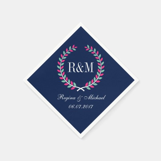 Laurel Wreath Monogram Wedding Napkin Navy Blue Serviette (Ecke)