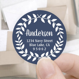 Laurel Wreath Navy Blue Rücksendeadressen-Aufklebe Runder Aufkleber
