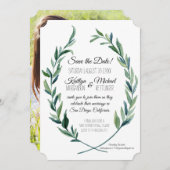 Laurel Wreath Olive Foliage Foto Save the Date Einladung (Vorne/Hinten)