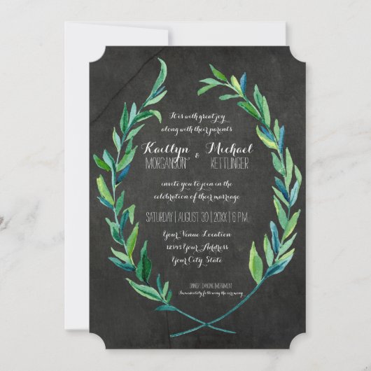 Laurel Wreath Olive Leaf Branch Chalkboard Modern Einladung (Vorderseite)