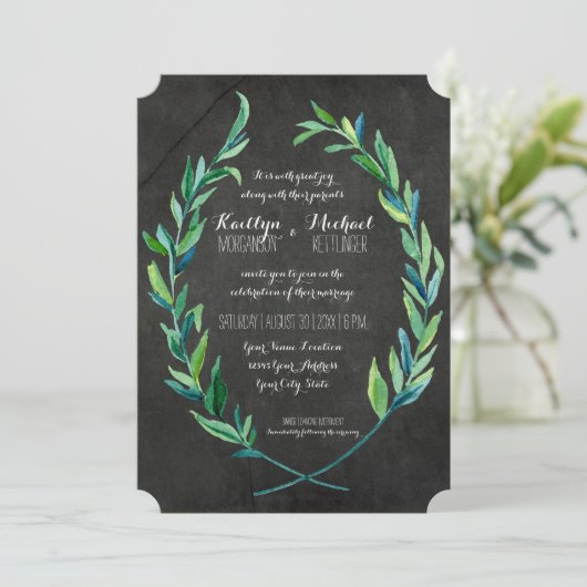 Laurel Wreath Olive Leaf Branch Chalkboard Modern Einladung (Stehend Vorderseite)