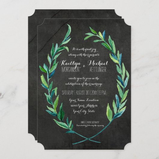 Laurel Wreath Olive Leaf Branch Chalkboard Modern Einladung (Vorne/Hinten)
