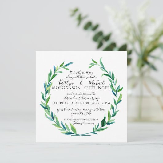 Laurel Wreath Olive Leaf Zweigstelle Modern Square Einladung (Stehend Vorderseite)