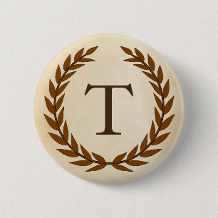 Laurel Wreath on Parchment Monogram Initial T Button