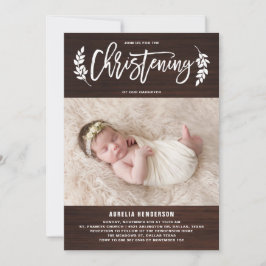 Laurel Wreath Rustic Wood Foto Christening Einladung