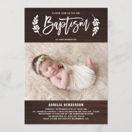 Laurel Wreath Rustic Wood Foto Taufe Einladung