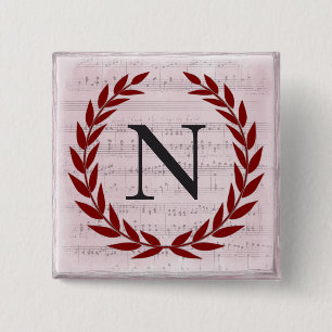 Laurel Wreath Sheet Music Monogram Initial N Button