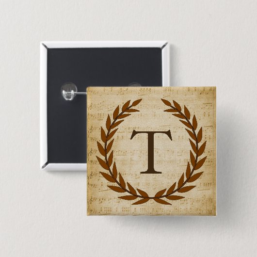 Laurel Wreath Sheet Music Monogram Initial T Button (Vorne & Hinten)
