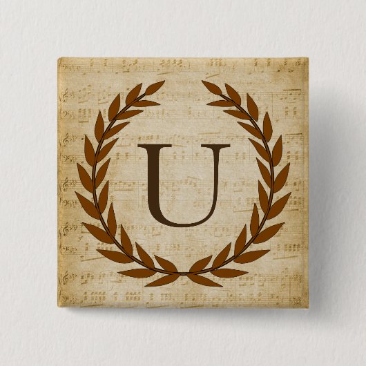 Laurel Wreath Sheet Music Monogram Initial U Button (Vorderseite)