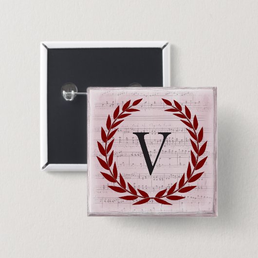 Laurel Wreath Sheet Music Monogram Initial V Button (Vorne & Hinten)