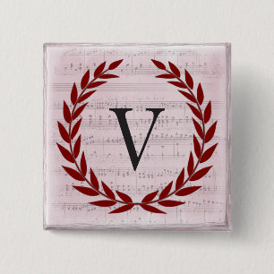Laurel Wreath Sheet Music Monogram Initial V Button