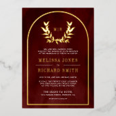 Laurel Wreath Verlasst Burgundy Red Wedding Gold Folieneinladung (Vorderseite)