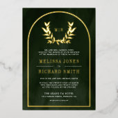 Laurel Wreath Verlasst Olive Green Wedding Gold Folieneinladung (Vorderseite)