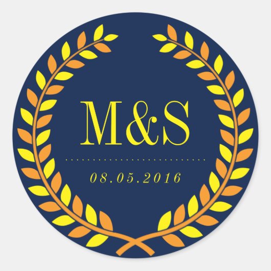 Laurel Wreath Wedding Sticker Navy Blue und Yellow (Vorderseite)