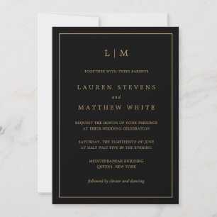 Lauren Black and Gold Monogram Elegant Wedding Einladung
