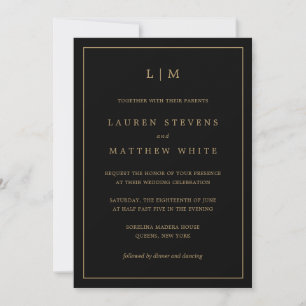 Lauren Black and Gold Monogram Elegant Wedding Einladung