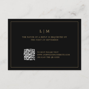 Lauren Black and Gold Monogram Elegant Wedding RSVP Karte