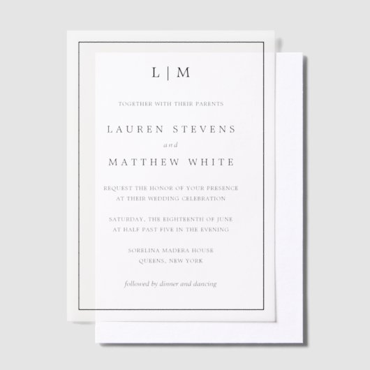 Lauren Black und White Monogram Elegant Wedding Pergament Einladungen (Versetzt)