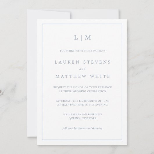 Lauren Dusty Blue Monogram Elegant Wedding Einladung (Vorderseite)