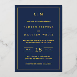 Lauren Navy Blue Monogram Elegant Wedding Folieneinladung
