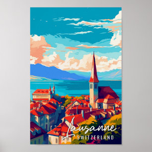 Lausanne Schweiz Vintage Illustration Poster