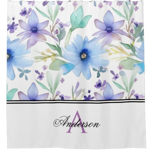 Lava & Blue Floral Monogram Duschvorhang (Vorderseite)