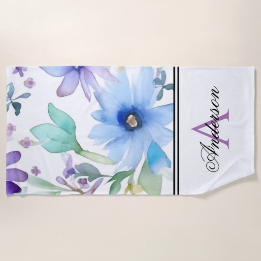 Lava & Blue Floral Monogram Strandtuch (Vorderseite)
