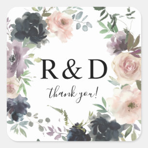 Lava, Navy und Blush Pink Floral Monogram Quadratischer Aufkleber