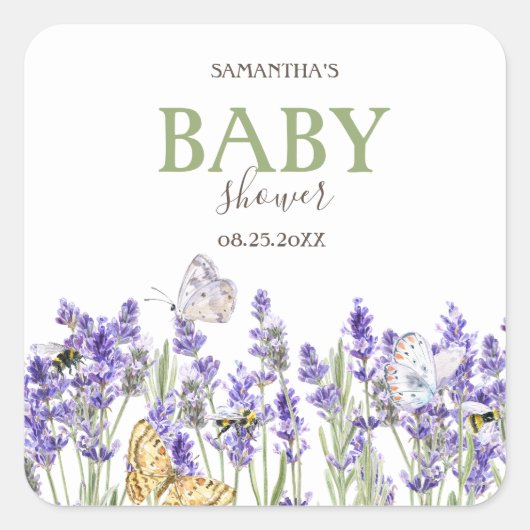Lavander Butterflies Botanical Baby Shower Quadratischer Aufkleber (Vorderseite)