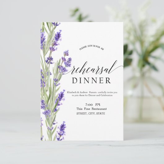 Lavander Greenery Probe Dinner Einladung (Stehend Vorderseite)