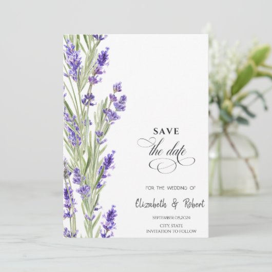 Lavander Greenery Save the Date (Stehend Vorderseite)